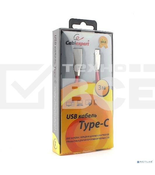 Кабель USB 2.0 Cablexpert CC-G-USBC01R-3M, AM/Type-C, серия Gold, длина 3м, красный, блистер