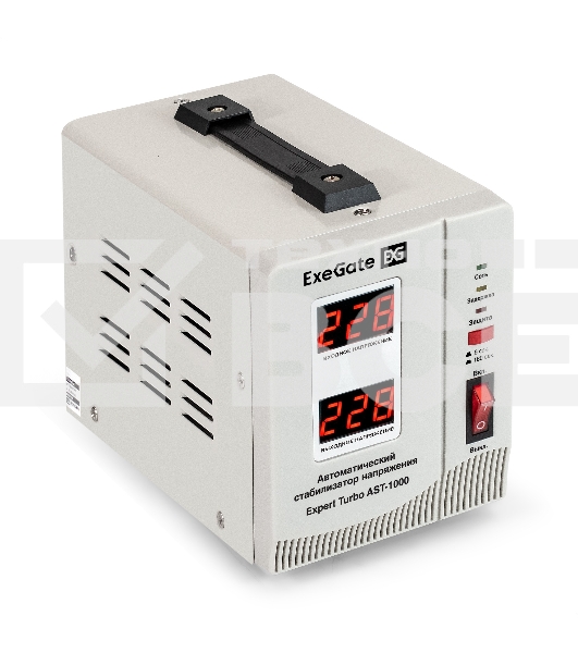 Стабилизатор напряжения ExeGate EX291729RUS Expert Turbo AST-1000 (1000ВА, вход 80-260В, двойная цифр. индикация вход/вых. напряжения, выход 220В±8%, КПД 98%, 5 уровней защиты, задержка, усиленный метал. корпус, 1*Schuko, RTL)
