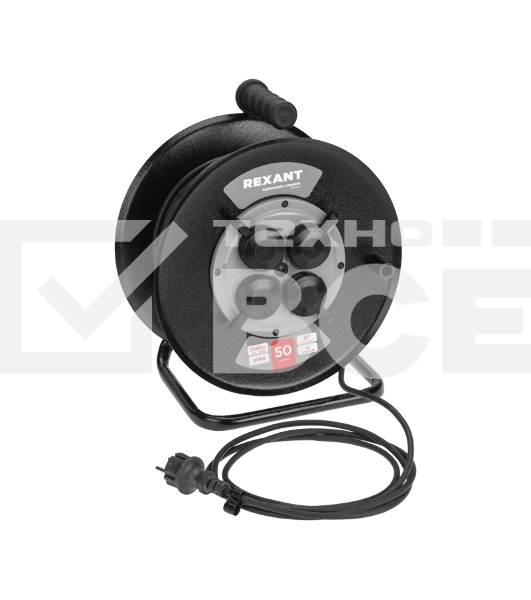 Удлинитель силовой Rexant КГ на катушке 4 гнезда с/з 50 м 3х1.5 кв.мм IP44 c защитными крышками метал. катушка