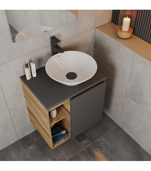 Тумба Bau Dream Blackwood 60 правая, графит, раковина BAU Dream D43, смеситель для раковины высокий Hotel Black, черный, выпуск клик клак, черный