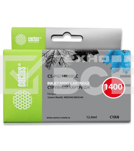 Картридж струйный Cactus CS-PGI1400XLC голубой пигментный (12 мл) для Canon MB2050/MB2350/MB2040/MB2340