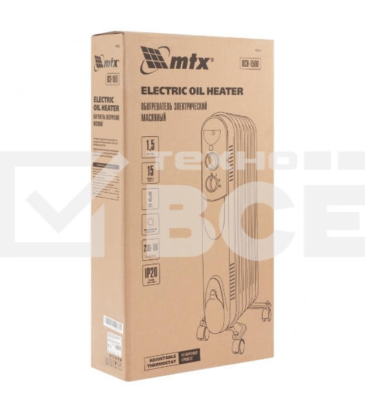 Масляный обогреватель MTX OCH-1500, белый, 1500 Вт, 15 м2, термостат