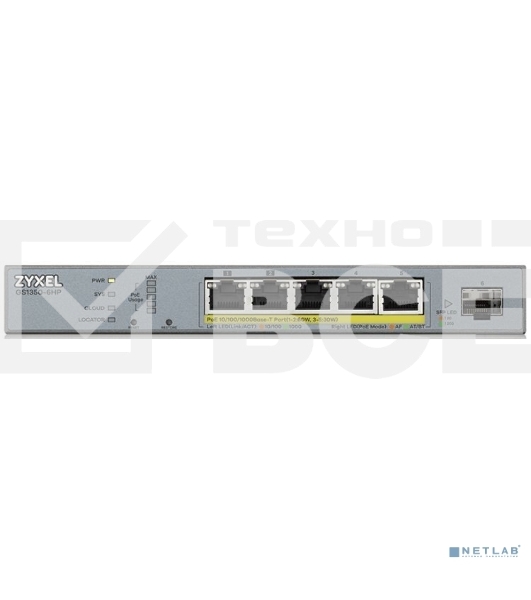 Коммутатор Zyxel GS1350-6HP, 4xGE PoE+, 1xGE PoE++ (802.3bt), 1xSFP, бюджет PoE 60 Вт, дальность передачи питания до 250 м, автоперезагрузка PoE-портов, повышенная защита от перенапряжений и электростатических р