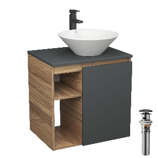 Тумба Bau Dream Blackwood 60 правая, графит, раковина BAU Dream D43, смеситель для раковины высокий Hotel Black, черный, выпуск клик клак, черный