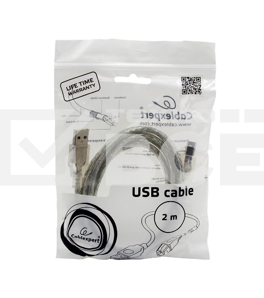 Кабель Cablexpert USB 2.0 Pro, AM/BM, 2м, экран, 2 феррит.кольца, прозрачный (CCF-USB2-AMBM-TR-2M)