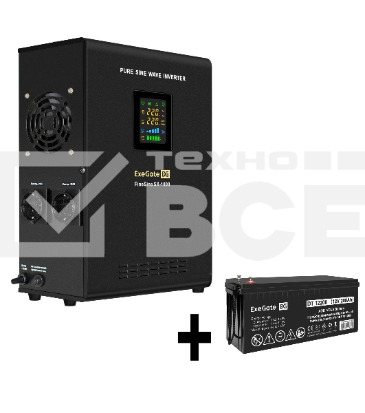 Комплект ИБП EX295997RUS + батарея 200Aч EX282991RUS 1шт (инвертор, синус, для котла, настенный) ExeGate FineSine SX-1000.LCD.AVR.2SH <1000VA/600W, чистая синусоида, цветной LCD-дисплей, AVR, 2*Schuko, линейно-интерактивный, крепление настенное/универсаль