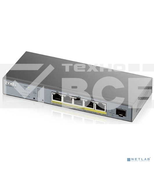 Коммутатор Zyxel GS1350-6HP, 4xGE PoE+, 1xGE PoE++ (802.3bt), 1xSFP, бюджет PoE 60 Вт, дальность передачи питания до 250 м, автоперезагрузка PoE-портов, повышенная защита от перенапряжений и электростатических р