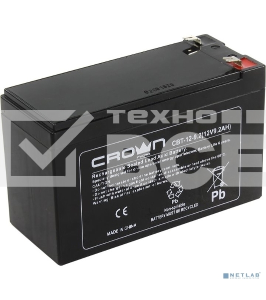 Батарея CROWN CBT-12-9.2 (12V 9.2Ah) F2 срок службы 5 лет
