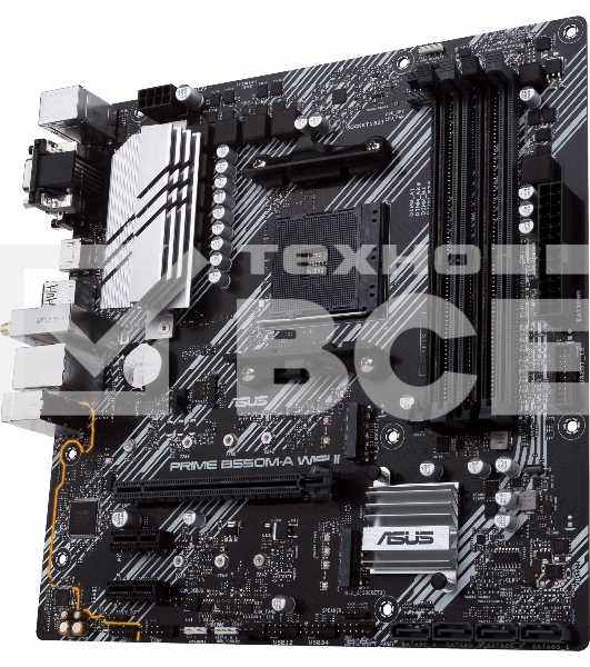 Материнская плата ASUS PRIME B550M-A WIFI II, AM4, AMD B550, 4xDDR4, 4xSATA, 2xM.2, 1xPCI-E 4.0 x16, 2xPCI-E x1, 1xDVI-D, 1xHDMI, 1xVGA, 1x 1Gb LAN, 2xUSB-A 3.2 Gen 2, 4xUSB-A 3.2 Gen 1, 3x3.5 мм, 7.1, Micro-ATX