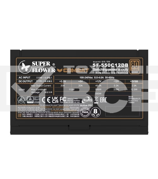 Блок питания 550Вт/ Power Supply Super Flower Combat DB, 550W, ATX, 120mm, 4xSATA, 2xPCI-E(6+2), APFC, 80+ Bronze, non-Modular