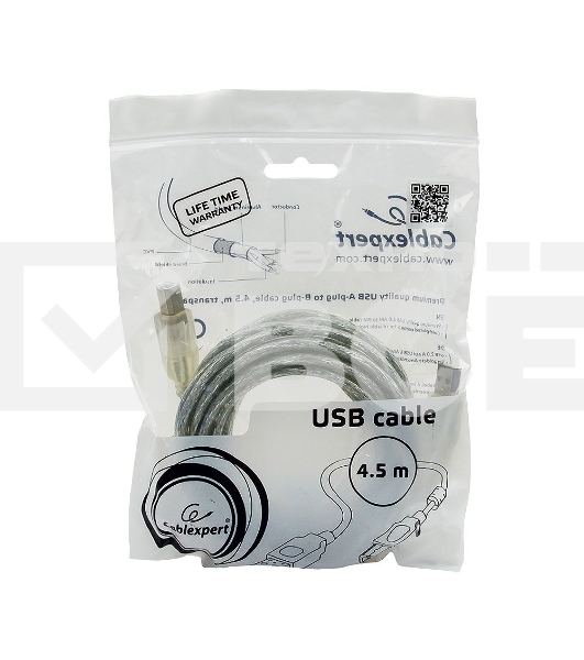 Кабель USB2.0 Cablexpert CCF-USB2-AMBM-TR-15, AM/BM, медь, двойн.экран, фер.кольцо, Pro, 4.5м, прозрач, пакет