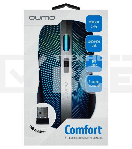 Мышь беспроводная Qumo Comfort M18 черный, 2400 dpi, радиоканал, USB, кнопки - 6