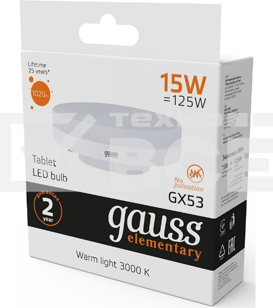 Лампа LED Gauss Elementary GX53 15W 1020lm 3000K 83815