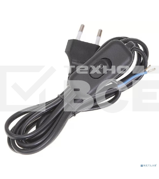 Шнур УШ-1КВ опрессованный с вилкой со встроенным выключателем 2х0,75/2метра, черный ИЭК