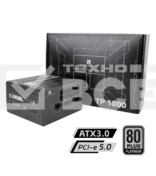 Блок питания Thermalright, 1000W 80+ Platinum (ATX, 3.0, PCIe 5.0, Full modular, 1x24(20+4)pin, 1xCPU 8(4+4)pin, 2xPCIe*2 8(6+2)pin, 1x12VHPWR PCIe 5.0 12+4pin 600mm, 6xSATA3, 4xMOLEX4pin, Active, 120x120mm, 150x140x86mm, APFC, OPP, OVP, OTP, OCP, SCP, UV