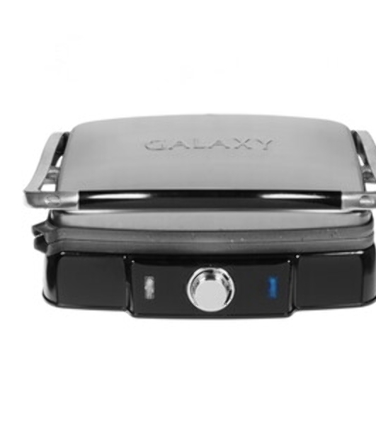 Гриль электрический Galaxy Line GL 2961, черный с серебристым, механическое управление, 2200 Вт, мраморное керамическое покрытие рабочей поверхности, корпус из нержавеющей стали, индикаторы сети и нагрева, регулятор температуры, лопатка и емкости для сбора жидкости