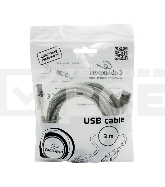 Кабель USB 2.0 Pro Cablexpert CCF-USB2-AMBM-TR-10, AM/BM, 3м, экран, феррит.кольца, прозрачный, пакет
