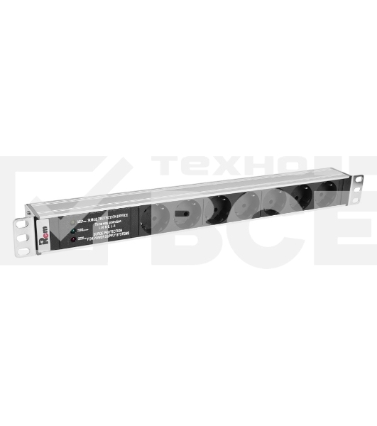 Блок розеток Rem-10 без шнура с фил. и инд., 7 Schuko, вход IEC 60320 C14, 10A, алюм., 19