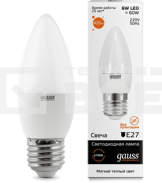Лампа GAUSS LED Elementary Candle 6W E27 2700Kарт.LD33216