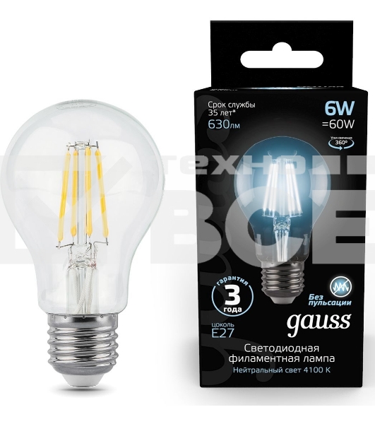 Лампа светодиодная Gauss 102802206LED Filament А60 Е27 6Вт 4100к 1/10/40