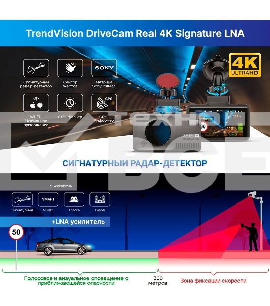 Видеорегистратор с радар-детектором TrendVision DriveCam Real 4K Signature LNA GPS ГЛОНАСС черный
