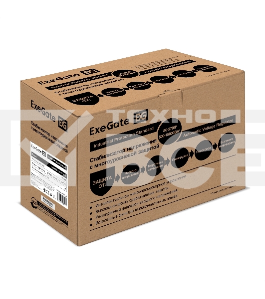 Стабилизатор напряжения ExeGate EX291729RUS Expert Turbo AST-1000 (1000ВА, вход 80-260В, двойная цифр. индикация вход/вых. напряжения, выход 220В±8%, КПД 98%, 5 уровней защиты, задержка, усиленный метал. корпус, 1*Schuko, RTL)