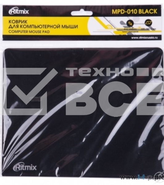 Коврик для мыши Ritmix MPD-010 Black, 220 x 180 x 3mm, Ткань+Этиленвинилацетат