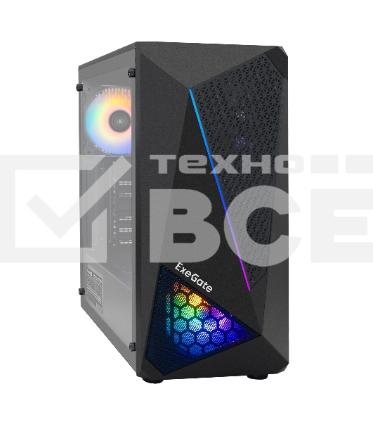 Компьютерный корпус Miditower ExeGate EVO-8225-EVO800 (ATX, БП EVO800RGB с вент. 12см, 2*USB+1*USB3.0, черный, 2 вент. с RGB подсветкой и полоса на передней панели, боковая панель - закаленное стекло)