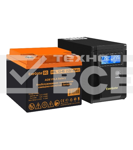 Комплект Источник бесперебойного питания EX295986RUS + батарея 45Aч EX285666RUS 1шт (инвертор, синус, для котла) ExeGate SineTower SZ-600.LCD.AVR.1SH <600VA/360W, чистый синусоида, LCD дисплей, AVR, 1*Schuko, линейно-интерактивный, Black> + батарея ExeGat