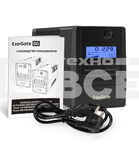 Источник бесперебойного питания ExeGate Smart LB-400.LCD.AVR.4C13 (400VA/240W, LCD, AVR, 4*C13, батарея 12V 4.5Ah, Black)