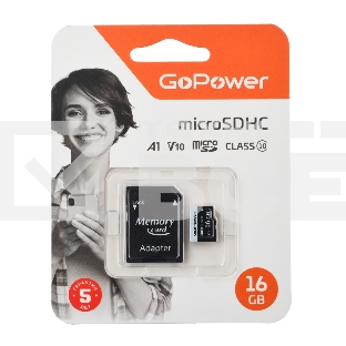 Карта памяти microSD GoPower 16GB Class10 60 МБ/сек V10 с адаптером