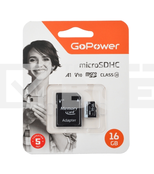 Карта памяти microSD GoPower 16GB Class10 60 МБ/сек V10 с адаптером