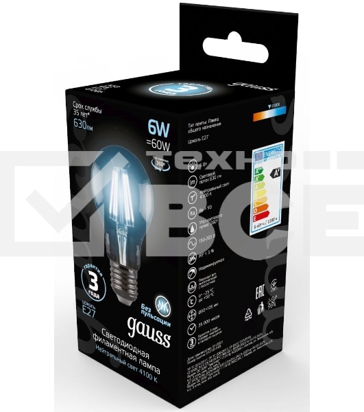 Лампа светодиодная Gauss 102802206LED Filament А60 Е27 6Вт 4100к 1/10/40