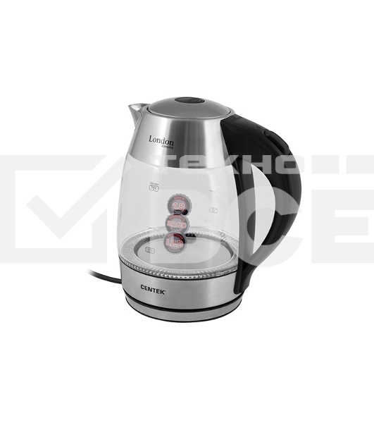 Чайник Centek CT-0059 London, стекло, 1.8л, 2200Вт, LED-подсветка, отделка нерж.