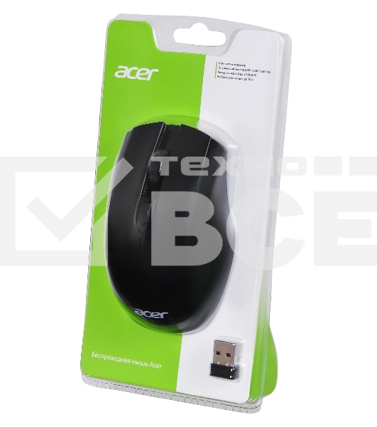 Мышь беспроводная Acer OMR030 черный, 1600 dpi, радиоканал, USB, кнопки - 4
