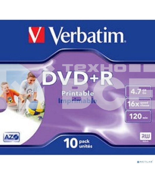 Диск DVD+R Verbatim 4.7Gb 16x Jewel case (10шт) Printable (43508)