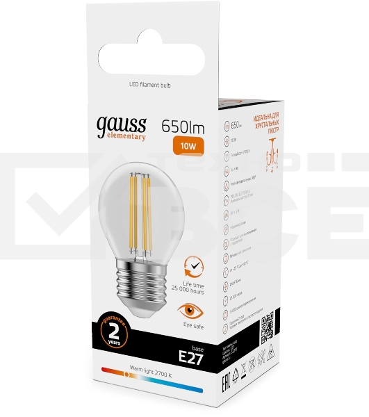 Лампа филам. Gauss Filament 10Вт цок.:E27 шар св.свеч.бел.теп. (упак.:10шт) (52210)