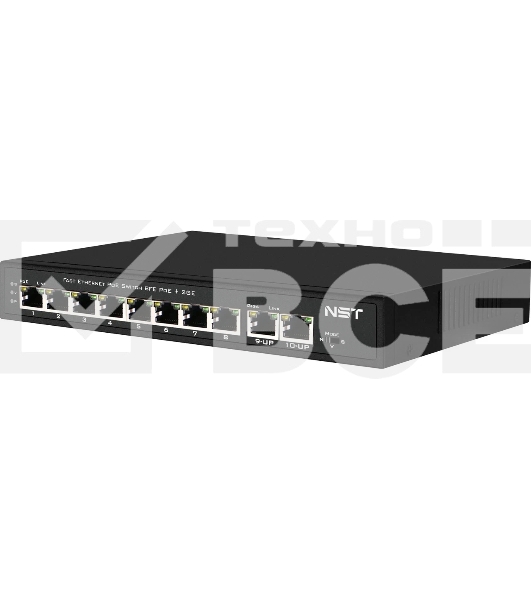 Kоммутатор Passive PoE NST NS-SW-8F2F-P/A - Fast Ethernet на 10 портов. Порты: 8 х FE (10/100 Base-T, 52V 4,5(+) 7,8(–)) совместимы с PoE (IEEE 802.3af/at), 2 x FE (10/100 Base-T) Uplink. Мощность PoE на порт - до 30W.