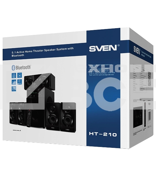 Аудиоколонки SVEN HT-210, черный, акустическая система 5.1, мощность (RMS):50Вт+5x15Вт, Bluetooth, Optical, Coaxial, FM-тюнер, USB/SD, дисплей, ПДУ