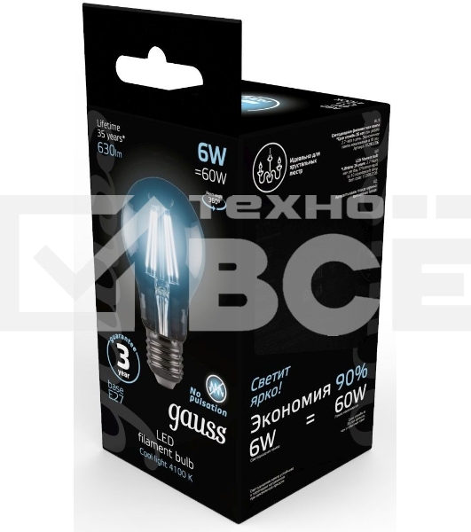 Лампа светодиодная Gauss 102802206LED Filament А60 Е27 6Вт 4100к 1/10/40