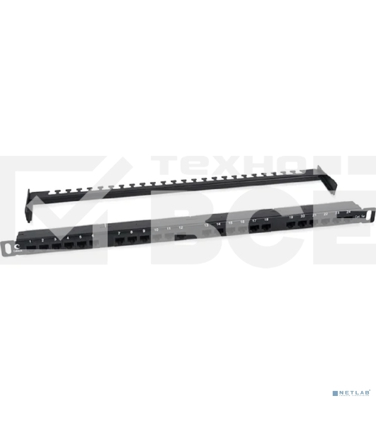 Комм. патч-панель Cabeus, 19', 0,5HU, портов: 24 х RJ45, кат. 5е, неэкр., черный, (PLHD-24-Cat.5e-Dual-180-0,5U)
