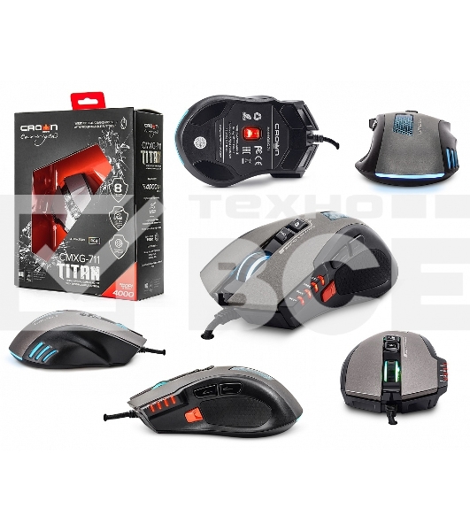 Мышь проводная Crown Gaming CMXG-711 черный, 4000 dpi, USB, кнопки - 8