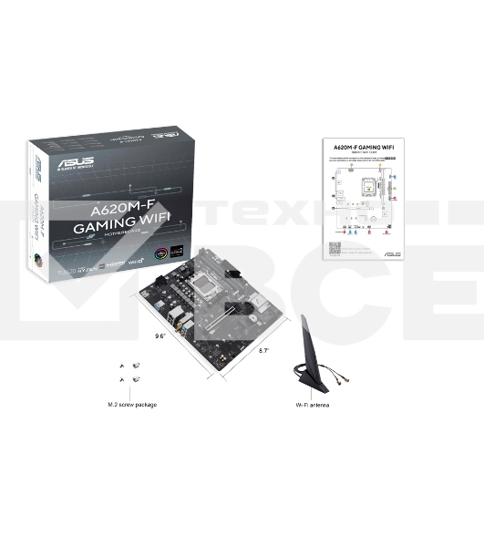 Материнская плата ASUS A620M-F GAMING WIFI, AM5, AMD A620, 2xDDR5, 2xM.2, 1xPCIe 4.0 x16, 1xHDMI, 1x2.5Gb LAN, Wi-Fi 6E, Bluetooth 5.3, 2xUSB-A 5Gbps, 2xUSB-A 2.0, 3x3.5 мм, 7.1, mATX
