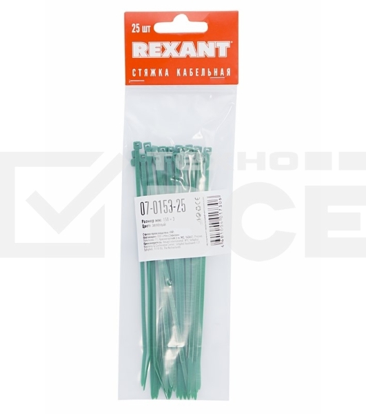 Хомут-стяжкa нeйлонoвая Rexant 150x2,5 мм, зеленая, упаковка 25 шт.