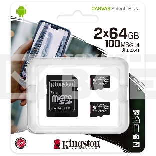 Флеш карта microSDHC 64Gb microSDXC Class10 Kingston <SDCS2/64Gb-2P1A> Class10 UHS-I Canvas Select up to 100Mb/s с адапт.