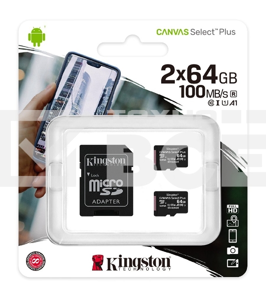 Флеш карта microSDHC 64Gb microSDXC Class10 Kingston <SDCS2/64Gb-2P1A> Class10 UHS-I Canvas Select up to 100Mb/s с адапт.