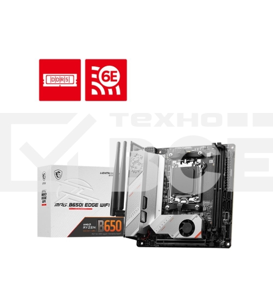Материнская плата MSI MPG B650I EDGE WIFI, AM5, AMD B650, 2xDDR5, 4xSATA, 2xM.2, 1xPCI-E 4.0 x16, 1xHDMI, 1x 2.5Gb LAN, 3xUSB-A 3.2 Gen 2, 2xUSB-A 3.2 Gen 1, 1xUSB-C 3.2 Gen 2x2, 3x3.5 мм, 7.1, Mini-ITX
