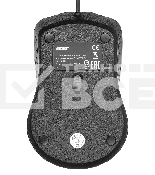 Мышь проводная Acer OMW010 черный, 1200 dpi, USB, кнопки - 3