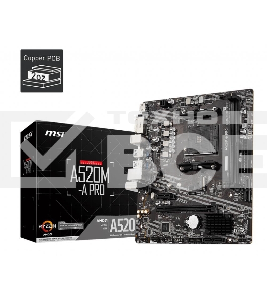 Материнская плата MSI A520M-A PRO, AM4, AMD A520, 2xDDR4, 4xSATA, 1xM.2, 1xPCIe 3.0 x16, 1xDVI-D, 1xHDMI, 1x 1Gb LAN, 2xUSB 2.0, 4xUSB 3.2 Gen 1, 3x3.5 мм, 7.1, mATX