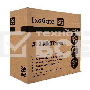 Компьютерный корпус Miditower ExeGate EVO-8225-EVO800 (ATX, БП EVO800RGB с вент. 12см, 2*USB+1*USB3.0, черный, 2 вент. с RGB подсветкой и полоса на передней панели, боковая панель - закаленное стекло)